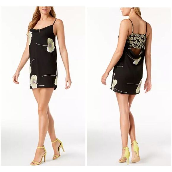 1.STATE Black Yellow Floral Draped-Back Slip Strappy Cowl Mini Dress Size Small - Picture 1 of 5
